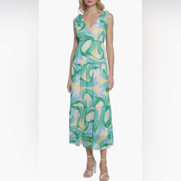 NWT Donna Morgan for Maggy London NOA‎ Tiered Maxi Sundress Cream/Blue Size 12 - Picture 2 of 13